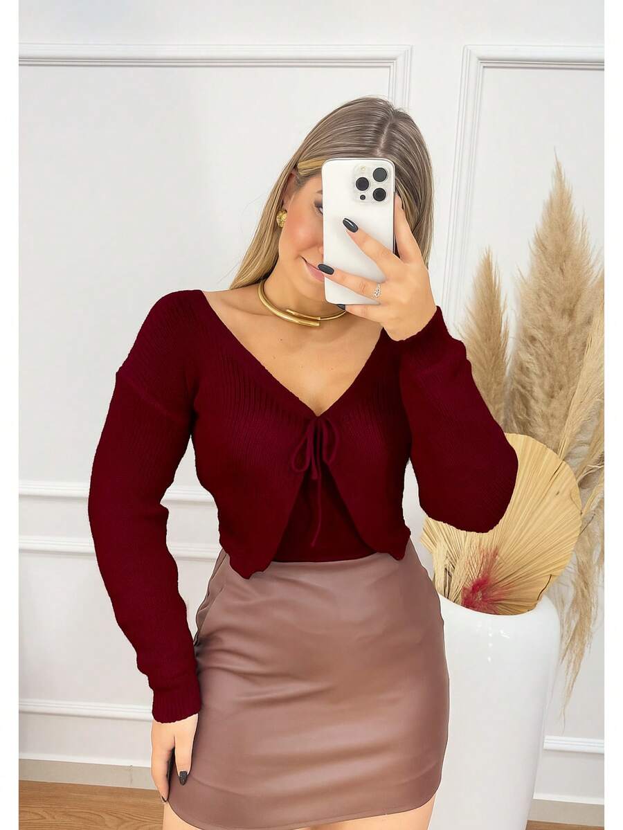 Women's Short Knitted Coat Long Sleeve, Stylish And Comfortable Autumn And Winter Fashion - Burgundy - View 1