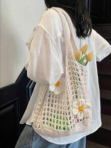 Women's Large Capacity Solid Color Crochet Tote Bag Knitted Hollow Design Fashionable Beach Shopping Bag For Travel And Vacation Women Knitted Hollow Out Tote Bags New Large Capacity Shoulder Composite Bag Weave Beach Vacation Handbags