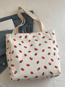 Bolso de hombro con estampado de fresa sencillo para mujeres, bolso de tela tipo tote de gran capacidad para viajes, vacaciones y uso al aire libre, bolso casual y versátil con múltiples bolsillos y asa superior de pana, bolso ligero y portátil para compras diarias y uso diario.