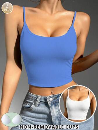 2 stuks/set sexy spaghettibandjes crop tanktop voor dames, comfortabel, eenvoudig en modieus, korte voering camisole