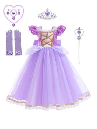Young Girls' Purple Elegant Mesh Sequin Flare Sleeve Princess Dress For Costume Play, With Crown Wand Necklace Bracelet Earrings Ring Gloves Accessory Set, For Carnival Role Play, Suitable For Outings, Hangouts, Birthday Parties, Princess Parties, Back To School Performances, And Other Major Events