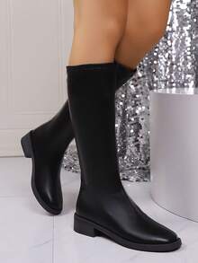 女士中筒靴，时尚踝靴，纯色通勤优雅仿皮中筒靴，办公室和户外平底低跟靴，一脚蹬弹力皮靴