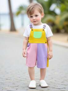 Overol corto de contraste de color sin mangas con tirantes ajustables para niños y niñas pequeños - Púrpura malva - Ver 2
