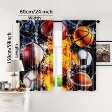 2pcs Classic Polyester Sport Themed Blackout Curtains Set, Dynamic Ice & Fire Design With Baseball, Football, Soccer & Basketball, Ideal For Boys Bedroom Window Treatment