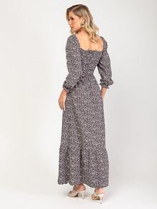 Long Dress With Long Puff Sleeves Cod:2080 All-Over Print Blingbling Flowers Gathered Hem With Ruffle Knot