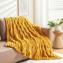 Super Soft King Blanket Pink Premium Silky Flannel Fleece 3D Ribbed Jacquard Lightweight Bed Blanket All Season Use (Pink Ribbed, King(90"X110")) - Mustard Yellow Ribbed - View 8