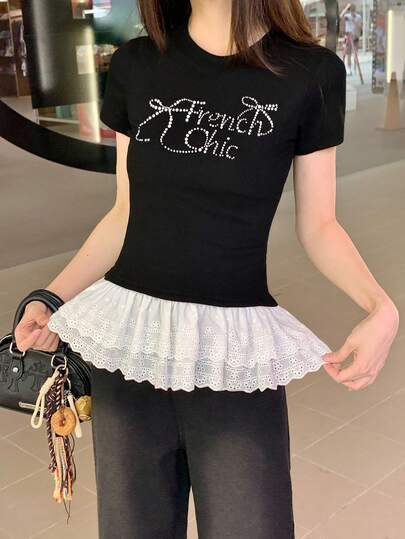 Áo thun tay ngắn đính nơ đính đá Rhinestone mới mùa hè, áo cổ chữ V bó sát, nhiều loại vải