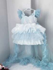 Blue Bowknot Sequin Mesh Trailing Princess Dress, Suitable For Birthday Party, Christmas, Prom, Wedding, Flower Girl - 淺藍色 - 查看 5