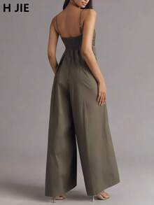 Jumpsuit Wanita Motif Geometris, Dengan Desain Atasan Berkerut, Menciptakan Tampilan Kasual Elegan, Cocok Untuk Upacara Wisuda Atau Pakaian Sehari-hari - Hijau Tentara - View 3