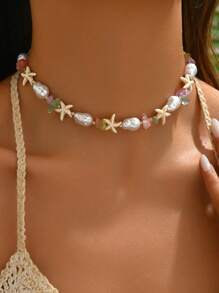 1pc Handmade Faux Pearl Starfish Choker Necklace With Colorful Beads, Fashion Jewelry For Women, Suitable For Daily Wear And Vacation, Random Color Beads