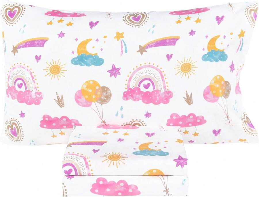Pink Cloud Heart Rainbow Balloon Moon Star Cute Fun 100% Cotton Cozy Twin Bed Sheet Set, Flat Sheet & Fitted Sheet & Pillowcase Natural Bedding Set - 彩色 - 查看 1