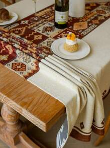 1pc Bohemian Style Red Geometric Jacquard Tablecloth, Rectangular Coffee Table Cover, Suitable For Daily Use, Festivals, Gatherings