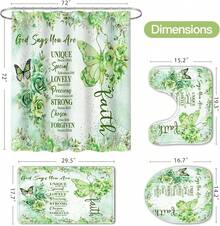 4 Pcs Yellow Inspirational Quotes Shower Curtain Set With Rugs And Toilet Lid Cover, Colorful Boho Waterproof Fabric Bathroom Set, Bible Verse Floral Bathroom Decor Set Accessories - 綠色 - 查看 10