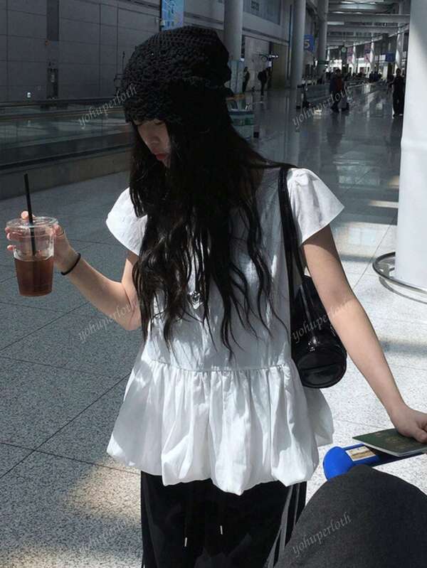 Versatile Cap Sleeve Loose Flower Bud Blouse, Casual & Loose Fitting Top, Korean Style
