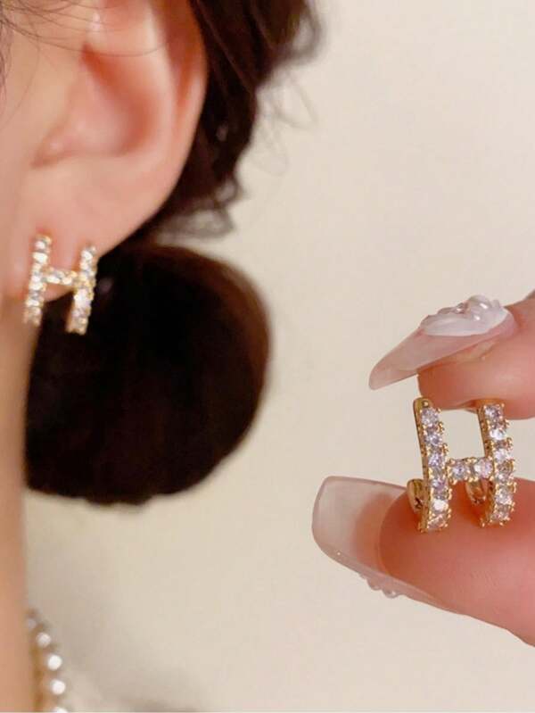 1 Pair Fashionable Versatile Fully Bling H Letter Design S925 Sterling Silver Stud Earrings, Small Unique Style