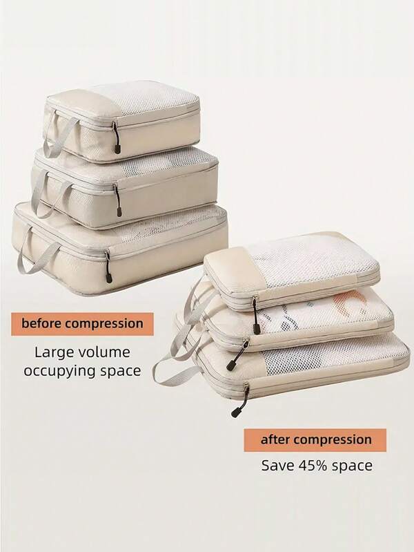 3pcs White Mesh Travel Compression Packing Cubes, Luggage Organizer Bags, Travel Essentials