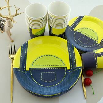 60pcs/Set Cartoon Yellow Person Themed Disposable Party Tableware Set, 9 Inch & 7 Inch Disposable Paper Plates, Dessert Plates, Cold Drinks & Coffee Cups