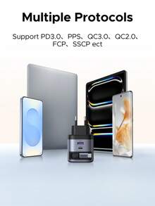 UGREEN 45 W 3-portowa GaN 2*USB-C 1*USB-A Szybka ładowarka SFC 2.0 Superszybkie ładowanie 2.0 45 W z chowanym kablem do SAM SUNG S24 Ultra S24+ S25+ S25 Ultra Kompatybilna z 'em 16 15 Pro Max Nadaje się do ładowania wielu osób, ładowania wielu urządzeń, potrzeb ładowania w domu i biur Ładowarka do telefonu wieloportowa Nan o dużej mocy wyjściowej