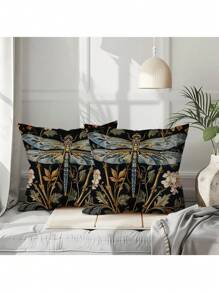 2pcs Dragonfly & Floral 2D Flat Printed Decorative Pillow Covers, Non-Embroidered, 18" X 18", Vintage Farmhouse Style, Single Sided Print, Polyester, Zipper Closure - Perfect For Living Room, Bedroom, Sofa, And Christmas/Halloween Decor