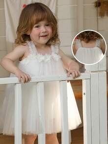 Baby Girls' White 3D Floral Strap Dress, Elegant Party Dress, Princess Dress, Suitable For Girls, Babies, 1st Birthday, Gift, Banquet, Flower Girl Wedding, All Season - White - View 6