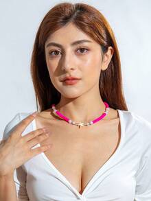 imoli 1 件海滩/度假风格软陶瓷串珠、海星和珍珠项链，彩色设计适合海滩、旅行、日常佩戴