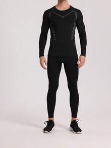 2 件套男士健身服，弹力速干训练，带印花图案长袖上衣和长裤，适合健身训练、篮球、跑步、塑形、户外跑步、骑行、登山、夜跑、春夏季休闲运动服、休闲装、四季穿着、高弹性、快干、透气