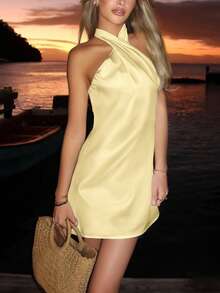 女式街头简约性感露背直肩无袖交叉挂脖纯色连衣裙挂脖扭结系带迷你丝滑紧身连衣裙，春夏 - 黃色 - 查看 9