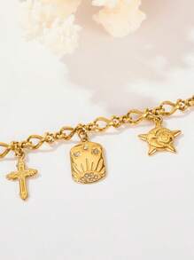 1 pieza de pulsera con dije de cruz y pentagrama de moda personalizado de varios elementos, pulsera con dije cuadrado pequeño de pimienta dorada, joyería para mujeres