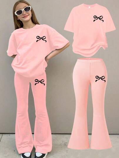 2pcs/Set Teen Girls Bow Print Short Sleeve T-Shirt And Flared Pants Outfit, Spring/Summer