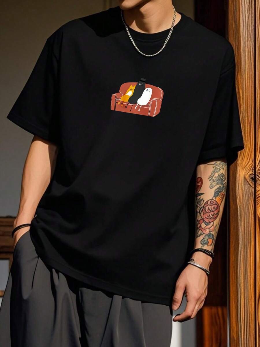 100% Cotton Unisex T-Shirt Short Sleeve Summer Vest 200g Cotton Comfortable Breathable Funny T-Shirt Men's Stylish And Casual Print Fashion Casual Outdoor Sports Fitness Tops Holiday Gift - 黑色 - 查看 1