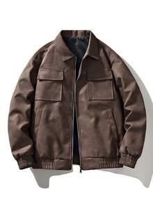 Áo khoác da PU dài tay dáng rộng dành cho nam giới, kiểu dáng mô tô, mẫu mới mùa thu đông. - Cà phê nâu - Xem 1