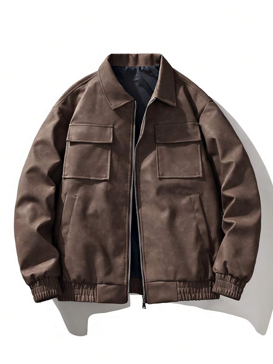 Áo khoác da PU dài tay dáng rộng dành cho nam giới, kiểu dáng mô tô, mẫu mới mùa thu đông. - Cà phê nâu - Xem 1