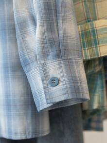 YUXIN 女士蓝色格子纽扣前开襟宽松长袖衬衫，涤纶面料，带口袋领，长款，无弹力面料