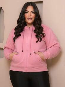 PLUS SIZE WOMEN'S BLOUSE WITH ZIPPER, POCKETS AND FUR - Coral Pink - View 2