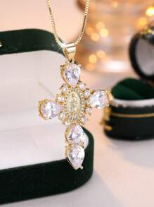 1 Pc Vintage Oval Virgin Mary Cubic Zirconia Cross Pendant Necklace Copper Jewelry