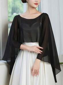Cardigan Bolero sem mangas em chiffon transparente de cor sólida, verão - Preto - Ver 5