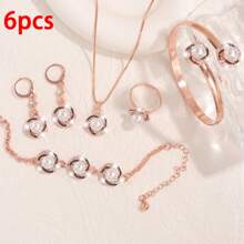 6pcs Lucky Swirl Women Jewelry Set: Necklace + Earrings + Ring + Bracelet + Bangle, Alloy Simple & Chic Design, Ideal For Birthday, Party, Christmas, Holiday Celebration, Luxurious Elegant Necklace & Earrings Showcase Your Glamorous Charm