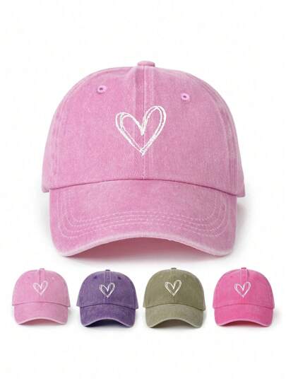 1pc Embroidered Heart Kid's Washed Baseball Cap, Adjustable Outdoor Sun Hat For Spring, Autumn Travel, Beach, Y2k Style For Boys And Girls