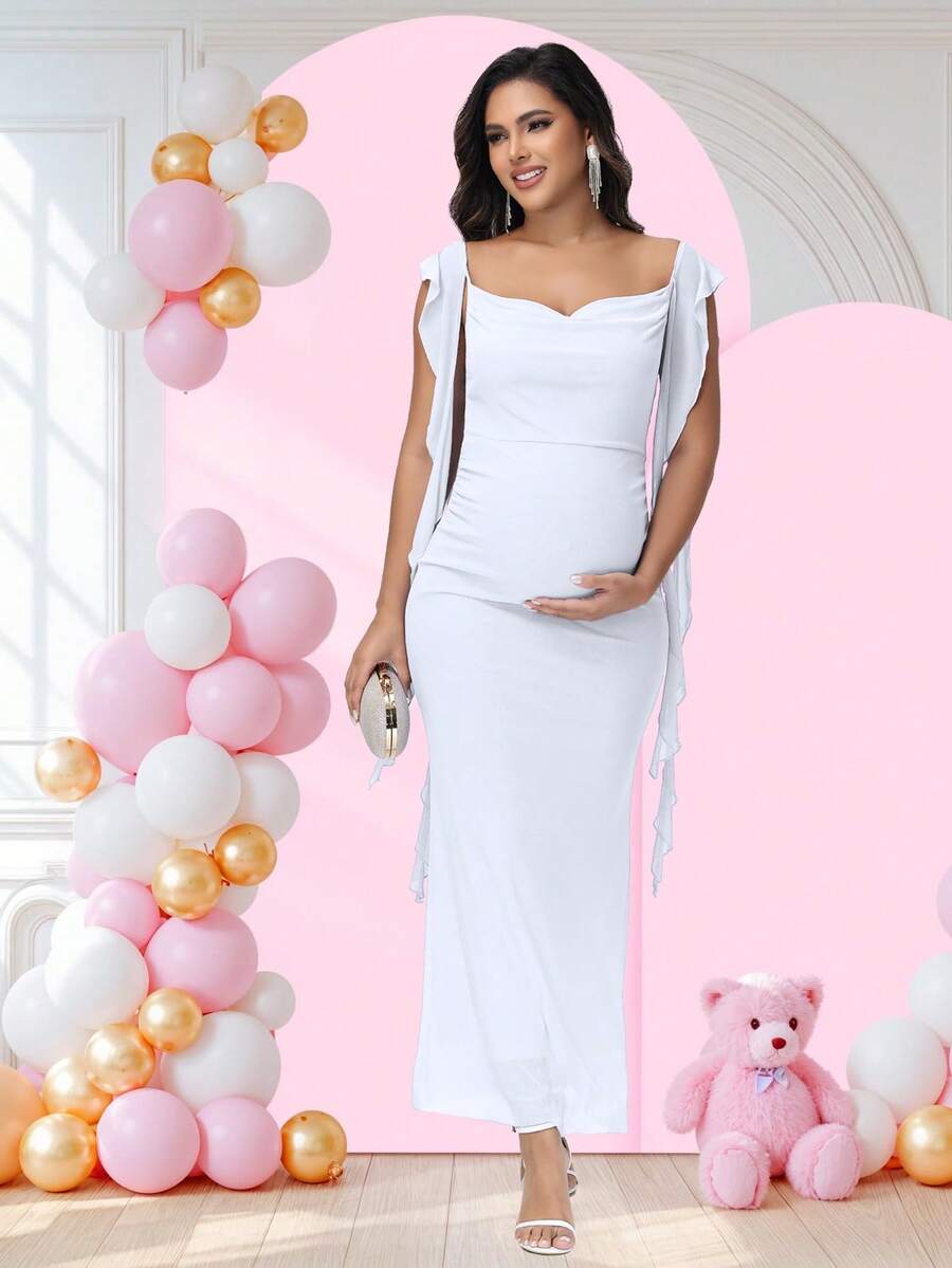 JustVH Maternity Draped Neck Ruffle Long Dress For Baby Shower Photoshoot - White - View 1