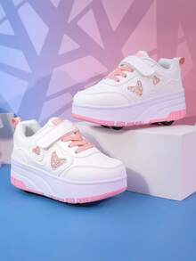 נעלי סקייטבורד לילדים עם גלגלים ו-4 גלגלים נשלפים, נעלי ספורט קז'ואל, נעליים, נעלי פנאי אופנתיות עם רצועת וו ולולאה לבנים ולבנות - ורוד - ראה 6