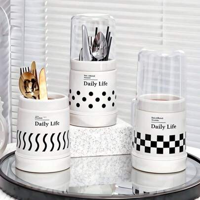 1 pieza Soporte creativo de almacenamiento de cubiertos y palillos en blanco y negro, cesta de almacenamiento de utensilios de cocina para el hogar, soporte multifuncional para palillos y raquetas con drenaje, caja de almacenamiento de cubiertos con tapa; caja de almacenamiento de palillos y cubiertos con drenaje, hecha de material PP duradero, perfecta para uso doméstico y de restaurante