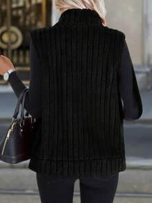 Solid Color Minimalist Plush Cardigan Vest, Versatile Outerwear - Black - View 2