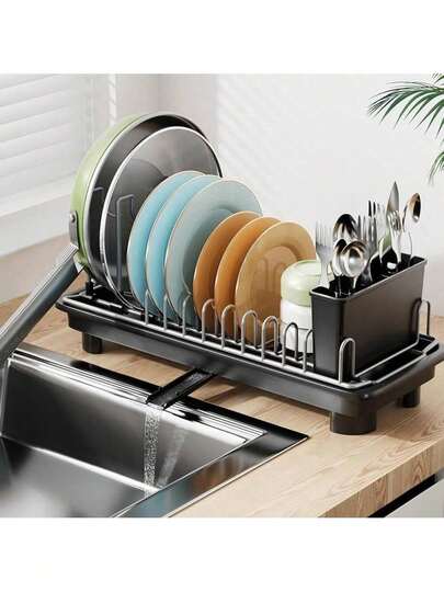 ‌ 2-Tier Foldable Dish Drying Rack Small Spaces - Compact Countertop & Sink Organizer With Adjustable Utensil Holder, Silicone Drainer & Cutlery Tray - Rustproof Collapsible Dish Drain Apartments, RV, Dorm & Tiny Homes (White/Gray)