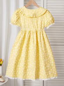 1pc Girl's Sweet Peter Pan Collar Casual Dress, Summer - Mustard Yellow - View 8