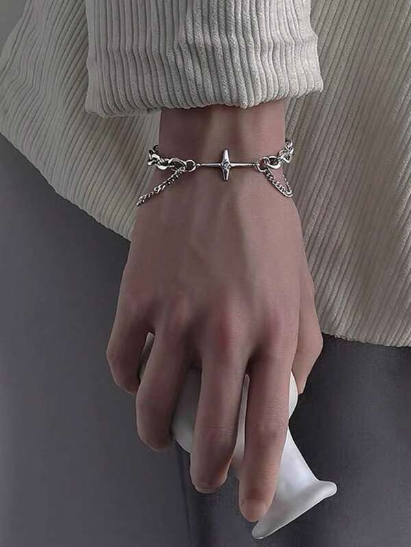 1pc Fashion Hiphop Cross Star Rhinestone Couple Bracelet, Unisex