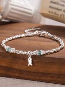 1pc Dainty Blue Whale Design Ladies Bracelet With Silver Charms, Personal Style Accessories - Silver - View 8