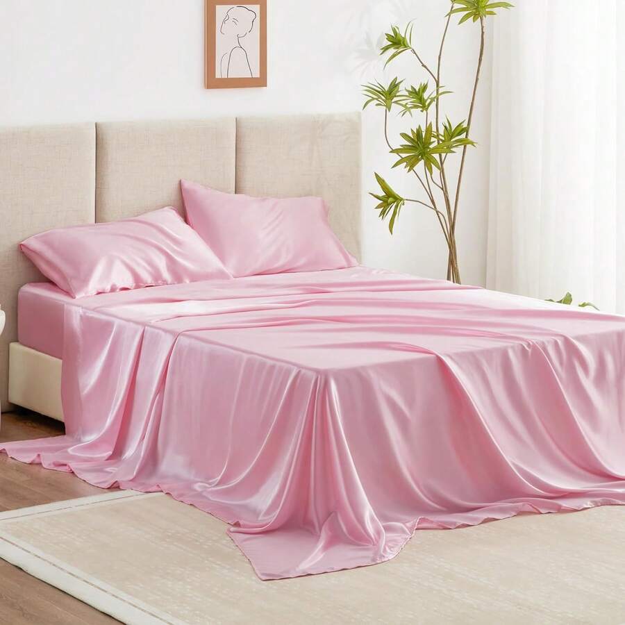 4Piece California King Satin Bed Linen Set, Pink Silky Satin Sheets, Deep Pocket, Luxury Silk Feel, 1 Flat, 1 Fitted Sheet, 2 Pillow Cases - 粉色 - 查看 1