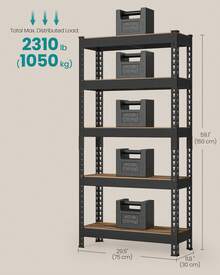 SONGMICS 5-Tier Storage Shelves, Load 2310 Lb, Garage Storage, Boltless Assembly, Adjustable Shelving Unit, 11.8 X 29.5 X 59.1 Inches, For Study Shed Basement