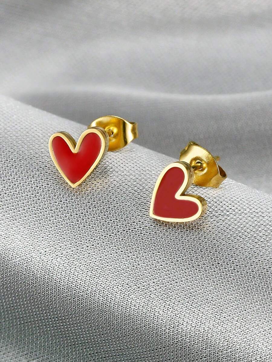 MONALLY Par de aretes tipo pendiente con corazón rojo enchapado en oro de 18K, de estilo lujoso y elegante, de acero inoxidable, como regalo para el Día de San Valentín, para fiestas y accesorios con estilo occidental
