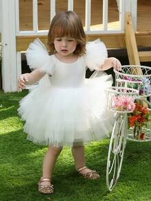 女婴白色蝴蝶袖欧根纱优雅公主裙，适合宝宝一周岁生日、婚礼、派对、节日庆典、特殊场合 - 白色 - 查看 6